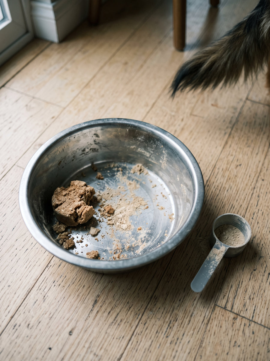 Half-eaten chew and clumped powder left in a dog bowl
