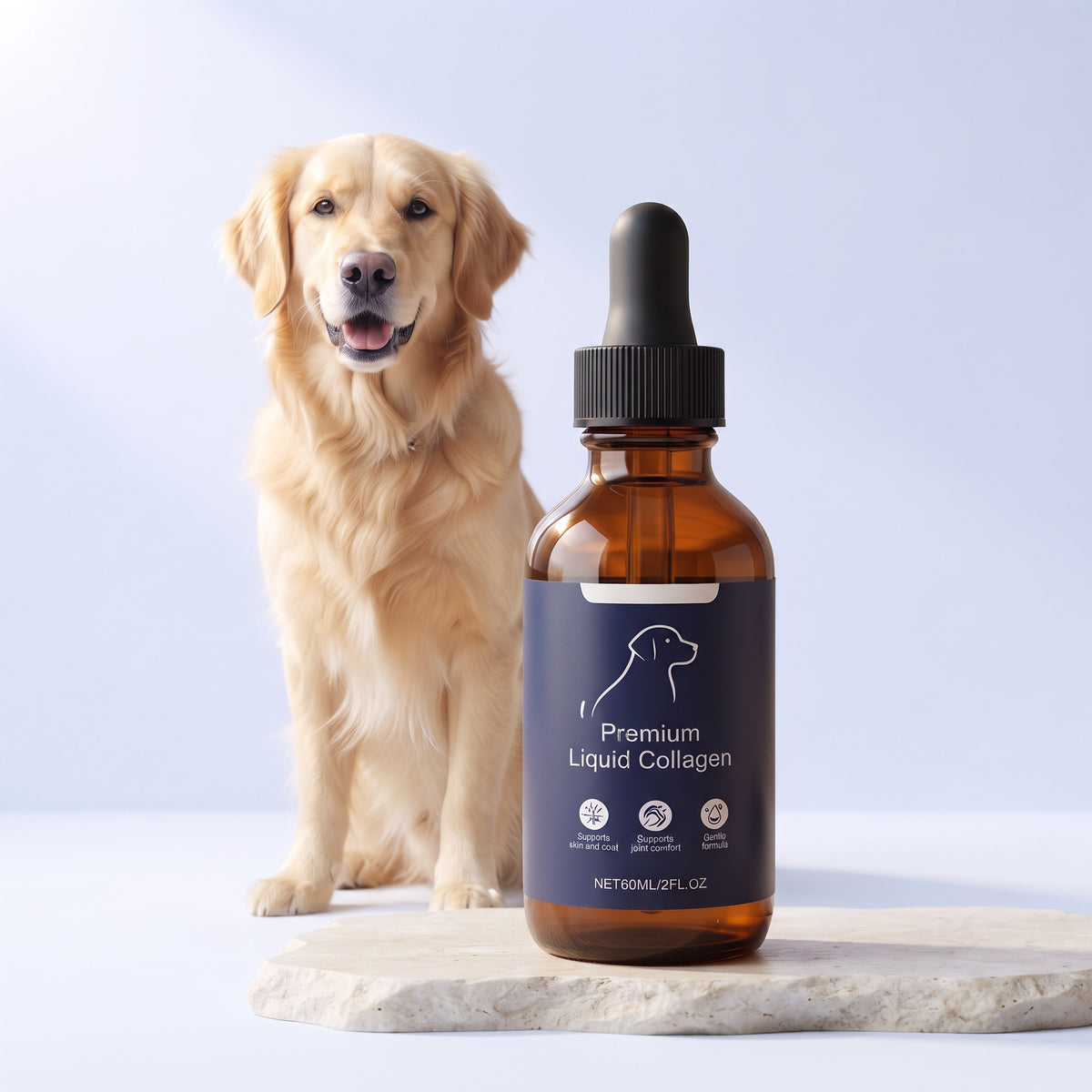 Elvaro liquid collagen drops with a happy golden retriever